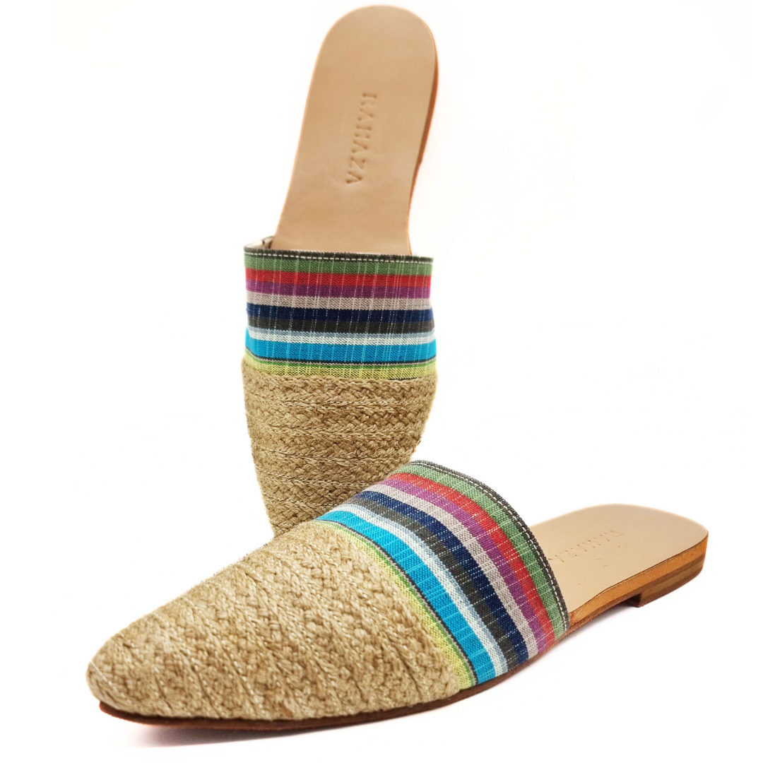 REIGN Flat mules - stripes multicolor earth tone with abaca