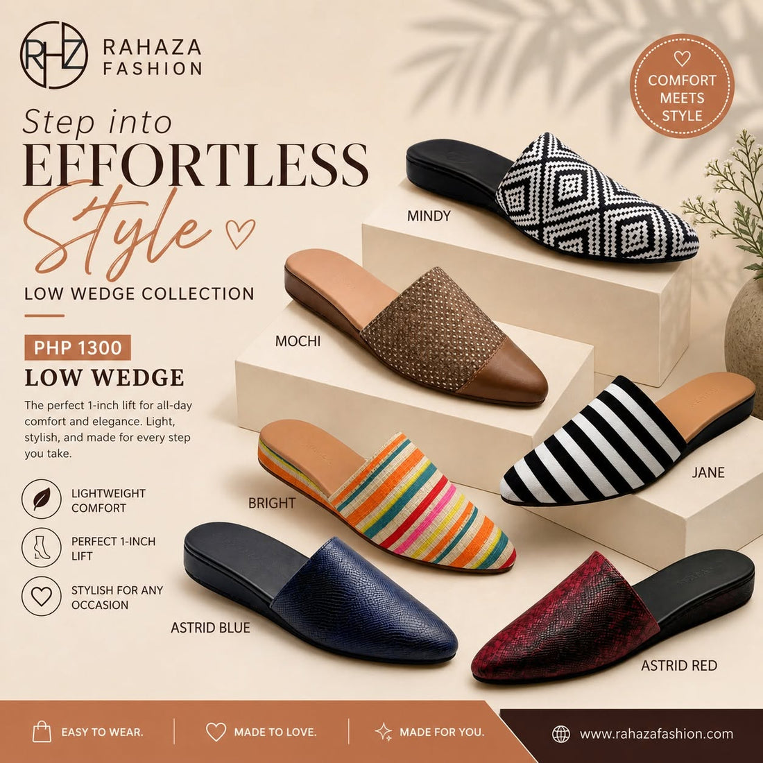 RAHAZA Fashion PH Low Wedge Mules Collection – MINDY, MOCHI, BRIGHT, JANE, ASTRID styles – comfortable 1-inch wedge slip-on shoes handcrafted in Marikina Philippines PHP 1300