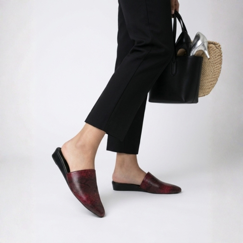 Astrid Low Wedge Shoes – Snakeskin Print Upper, Black Wedge Heel | Chic Comfortable Mules for Women