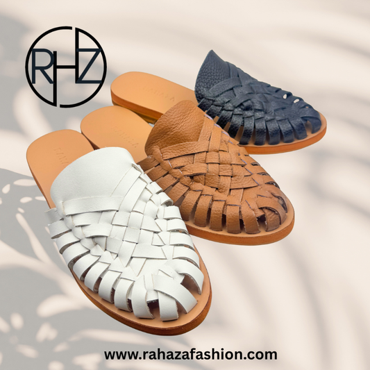 ALEXA Genuine Leather Woven Slides – Handwoven Flat Sandals for Women