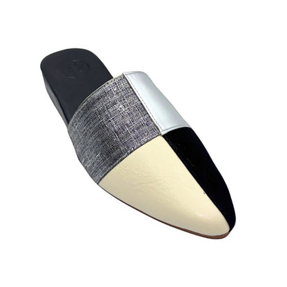BLAKE Black, Cream & Silver Low Wedge Mules – Elegant Multi-Tone Pointed Shoes