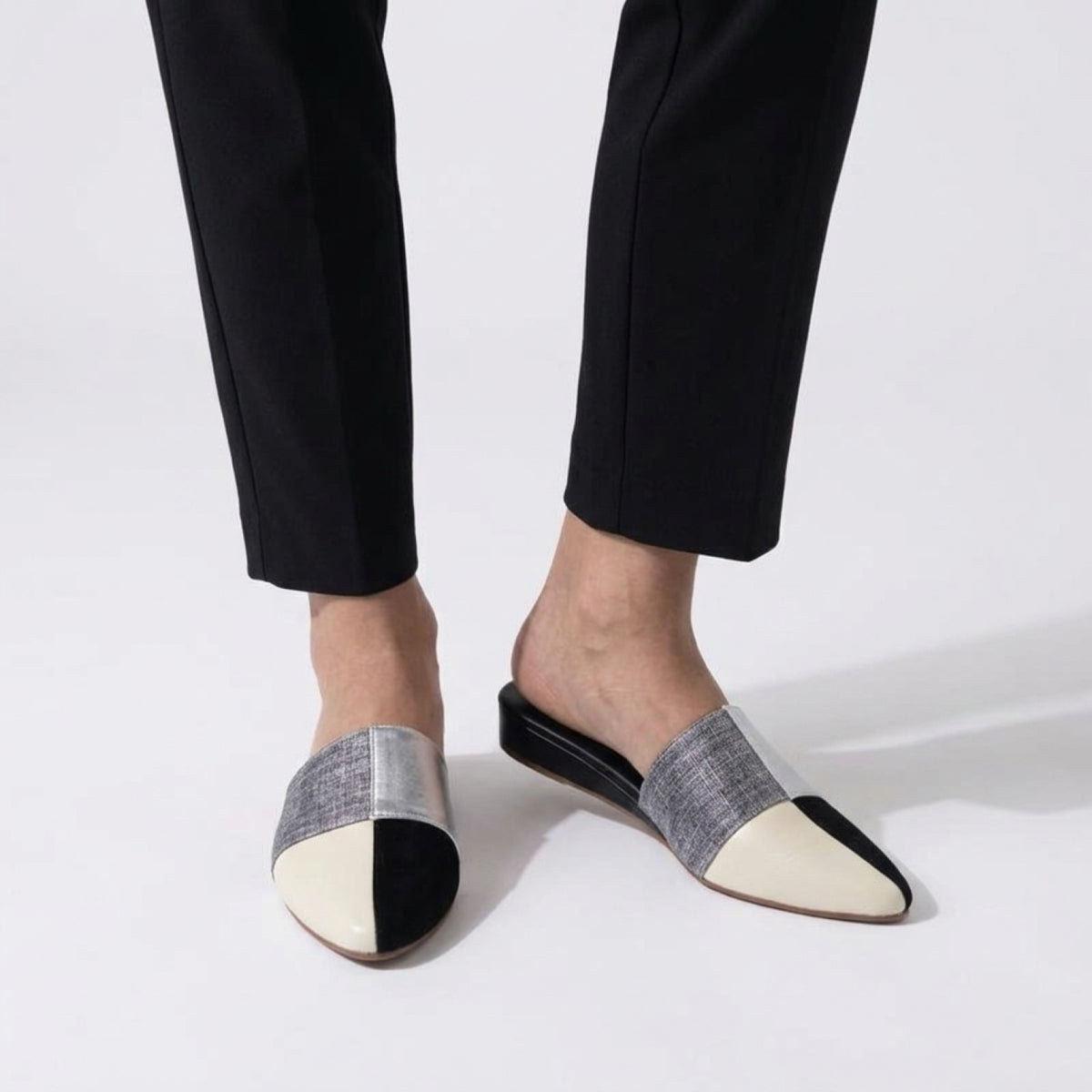 BLAKE Black, Cream & Silver Low Wedge Mules – Elegant Multi-Tone Pointed Shoes