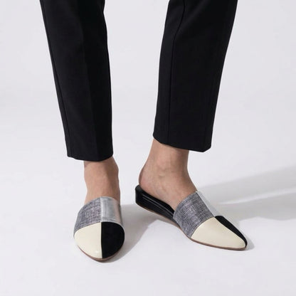 BLAKE Black, Cream & Silver Low Wedge Mules – Elegant Multi-Tone Pointed Shoes