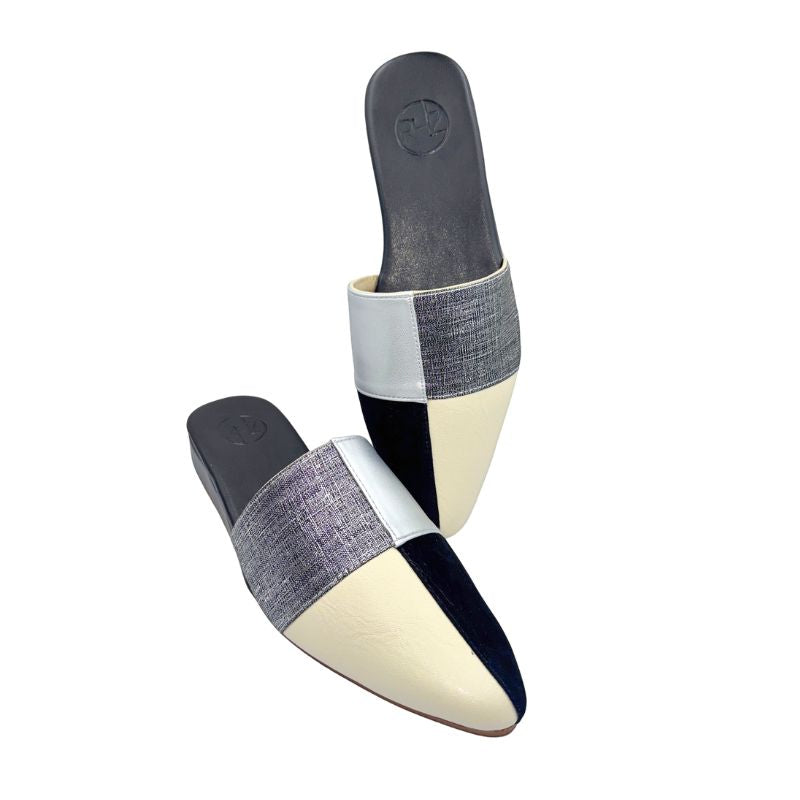 BLAKE Black, Cream & Silver Low Wedge Mules – Elegant Multi-Tone Pointed Shoes