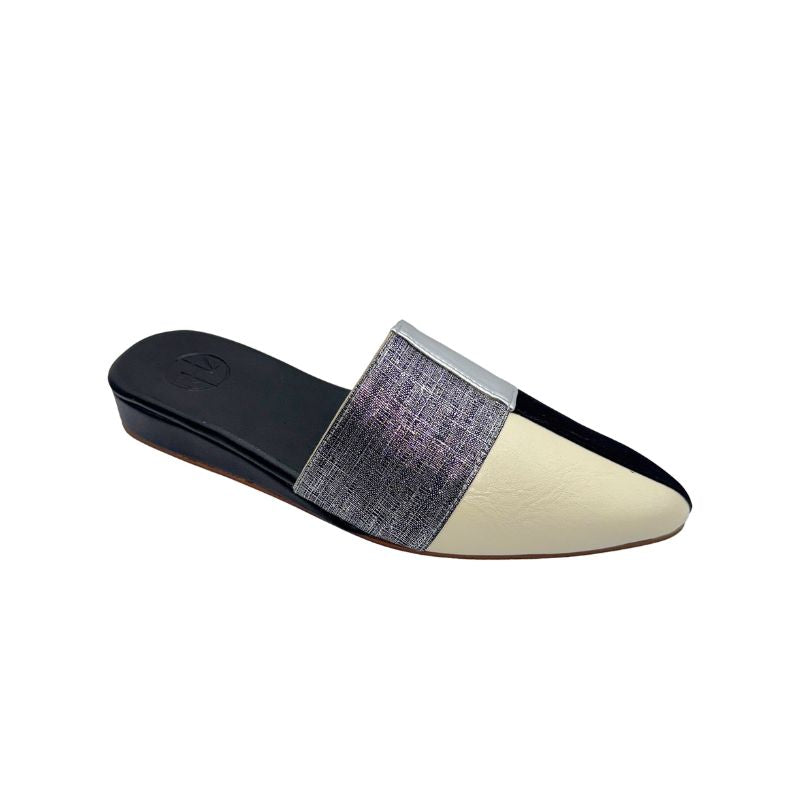 BLAKE Black, Cream & Silver Low Wedge Mules – Elegant Multi-Tone Pointed Shoes