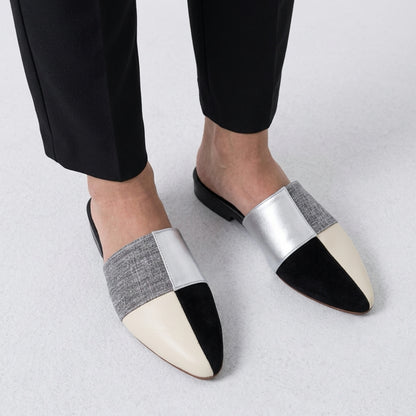 BLAKE Black, Cream & Silver Low Wedge Mules – Elegant Multi-Tone Pointed Shoes