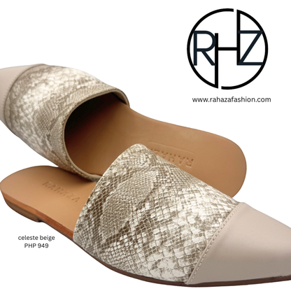 CELESTE Slip-On Flats – Pointed-Toe Mules in Snakeskin Faux Leather with Plain Toecap