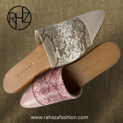 CELESTE Slip-On Flats – Pointed-Toe Mules in Snakeskin Faux Leather with Plain Toecap