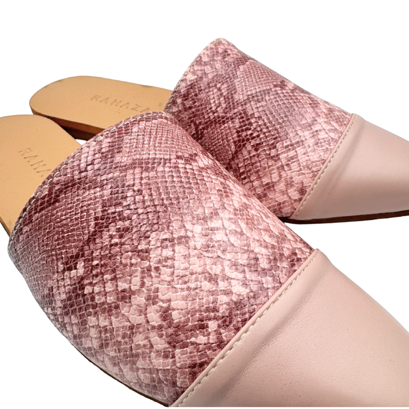 CELESTE Slip-On Flats – Pointed-Toe Mules in Snakeskin Faux Leather with Plain Toecap