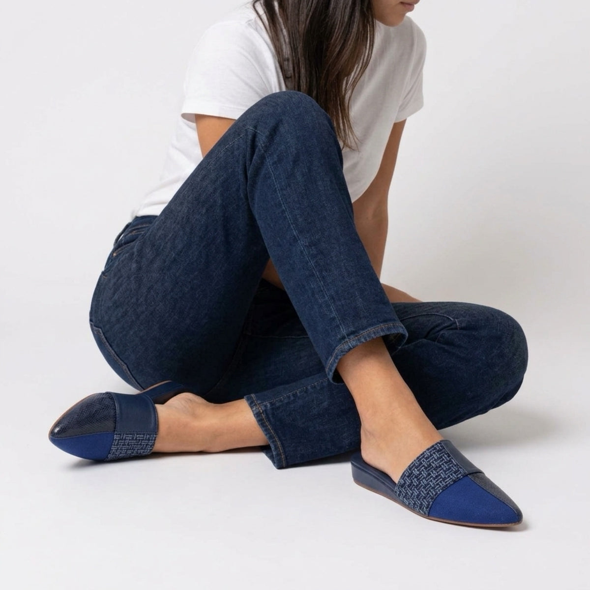 MARINA Artistic Blue Low Wedge – 4 Materials in One Stylish Pair