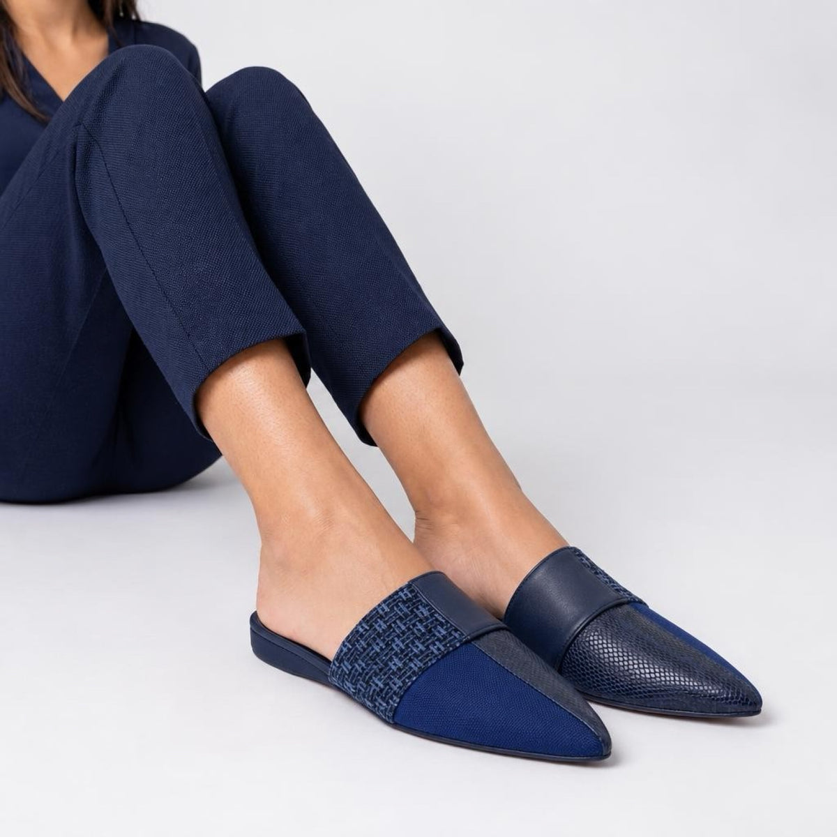 MARINA Artistic Blue Low Wedge – 4 Materials in One Stylish Pair