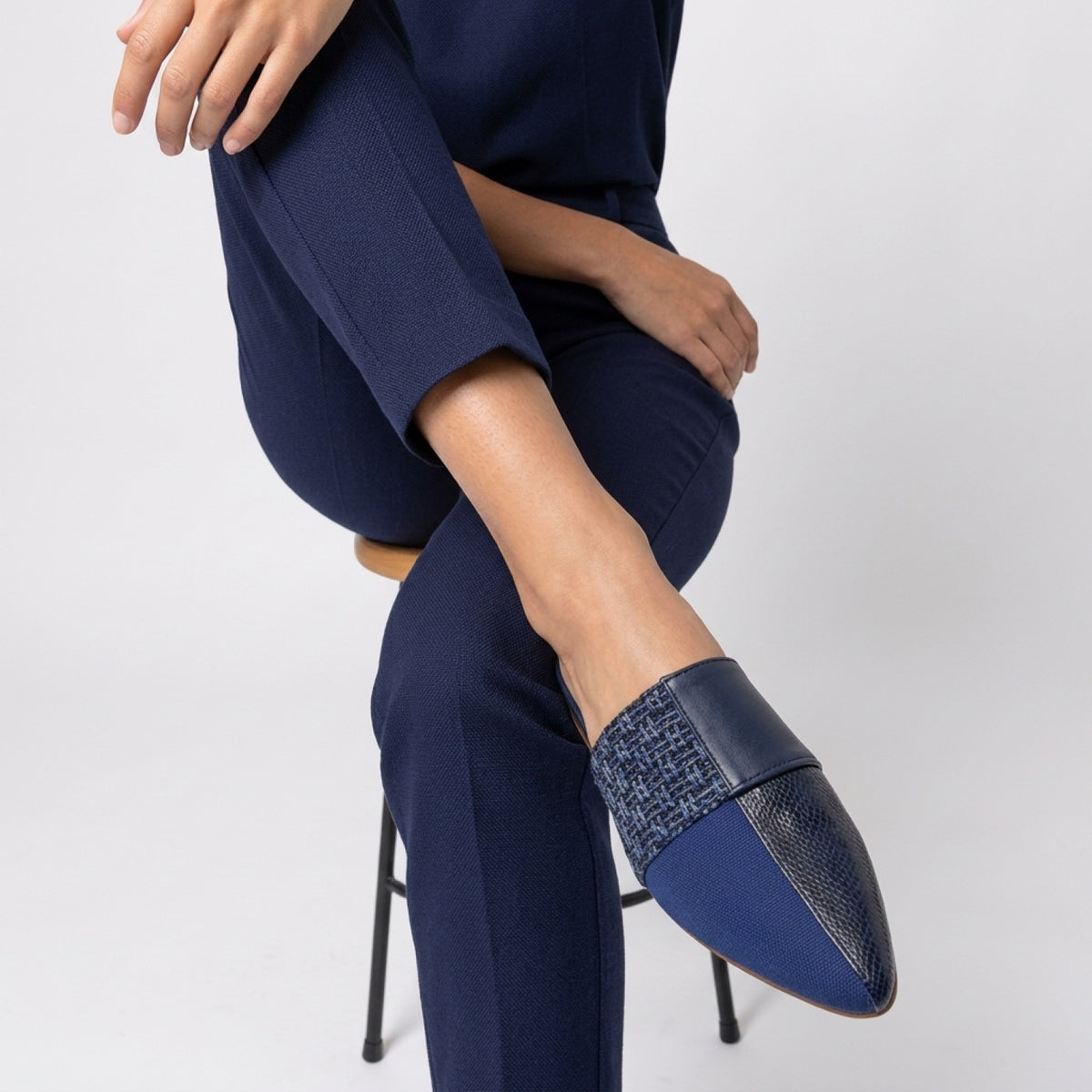 MARINA Artistic Blue Low Wedge – 4 Materials in One Stylish Pair