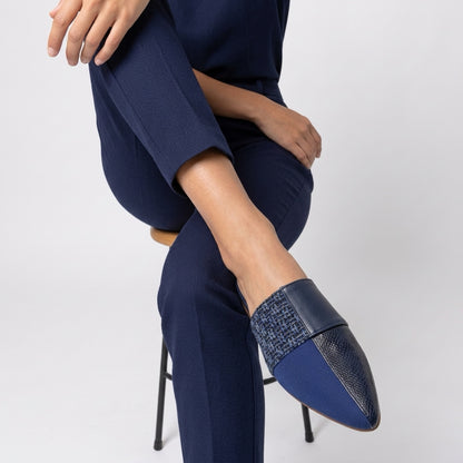 MARINA Artistic Blue Low Wedge – 4 Materials in One Stylish Pair